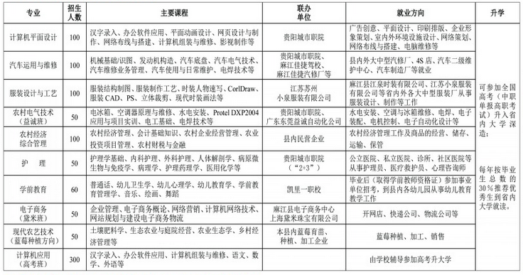 麻江县中等职业技术学校招生计划及专业
